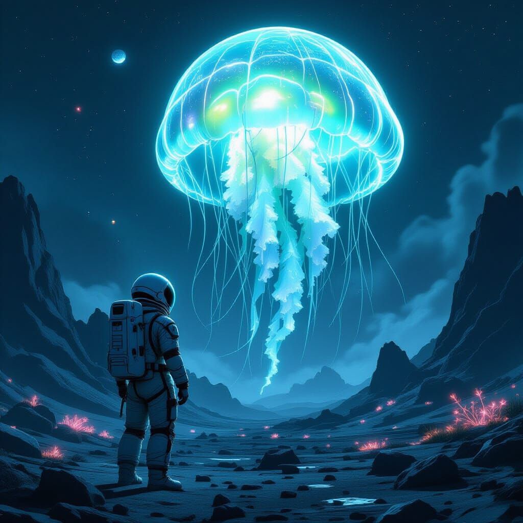 Astronaut and Bioluminescent Jellyfish on Alien Planet