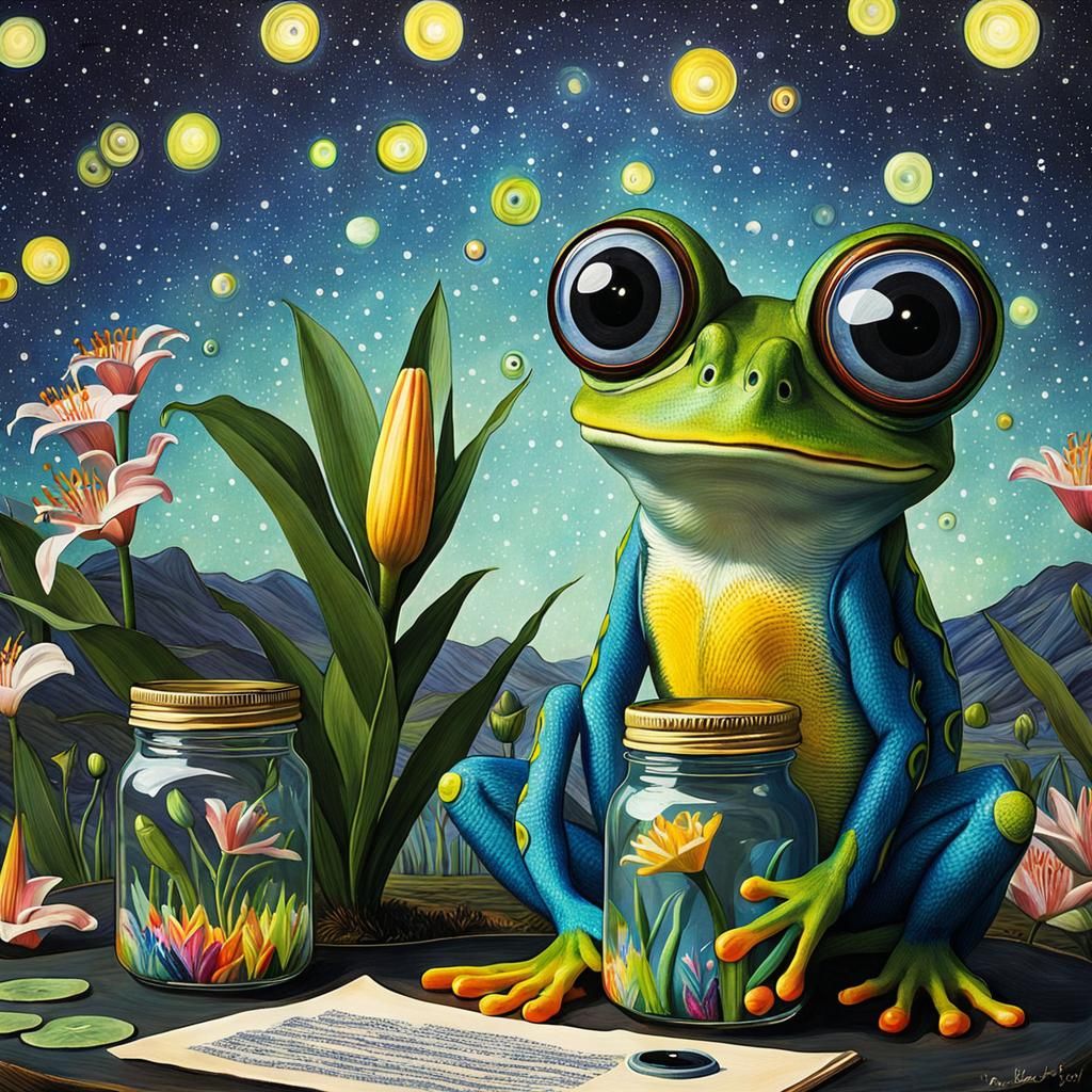 Gothic Googly-Eyed Frog in Starry Night Dreamscape