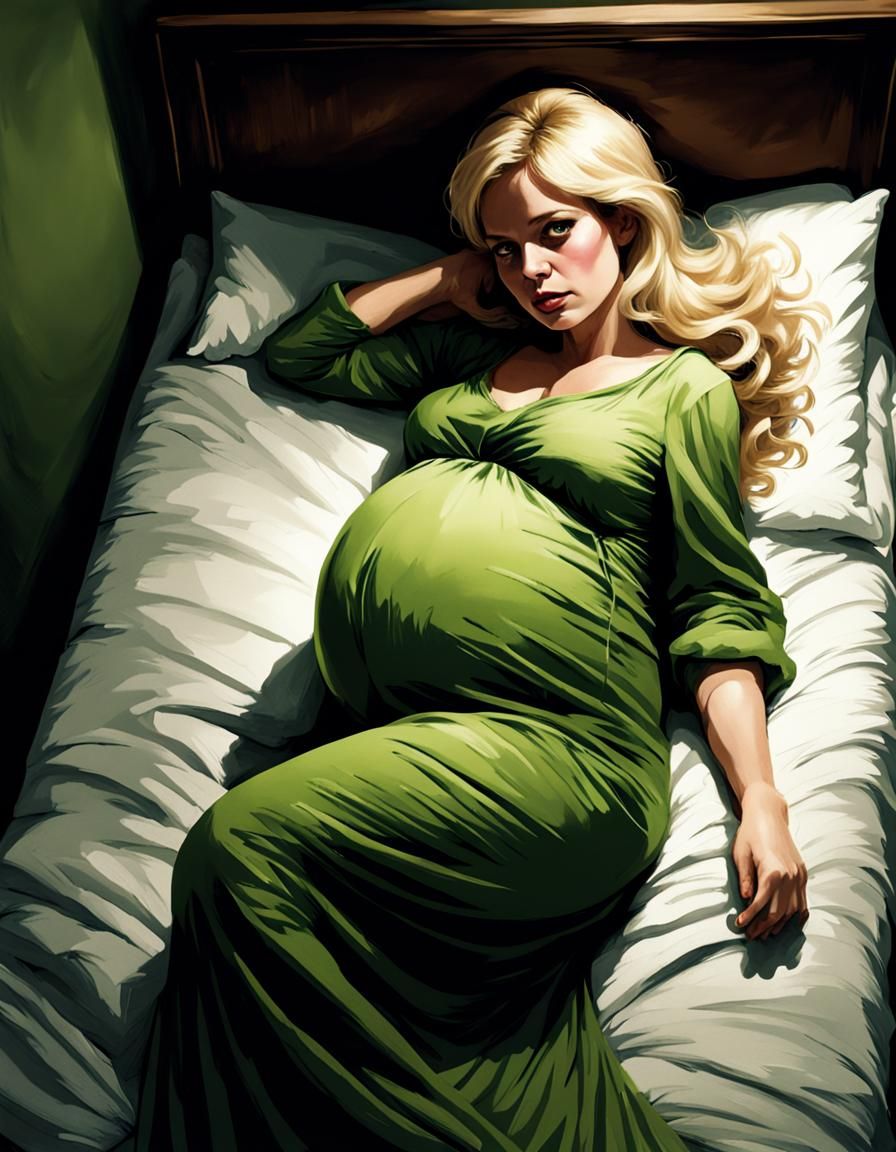 Blonde Pregnant Woman in Bed, Dark Fantasy Art