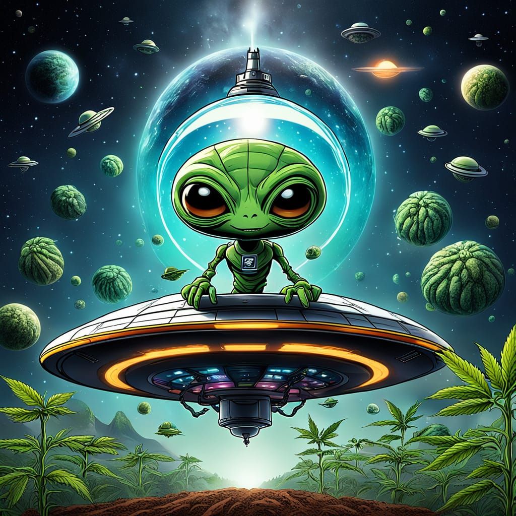 Surreal Alien on UFO Displays Multiverse Beans Seeds