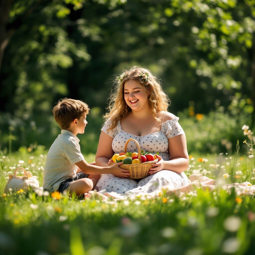 Young Girl and Boy Enjoy Summer Picnic in a Sunny Park
