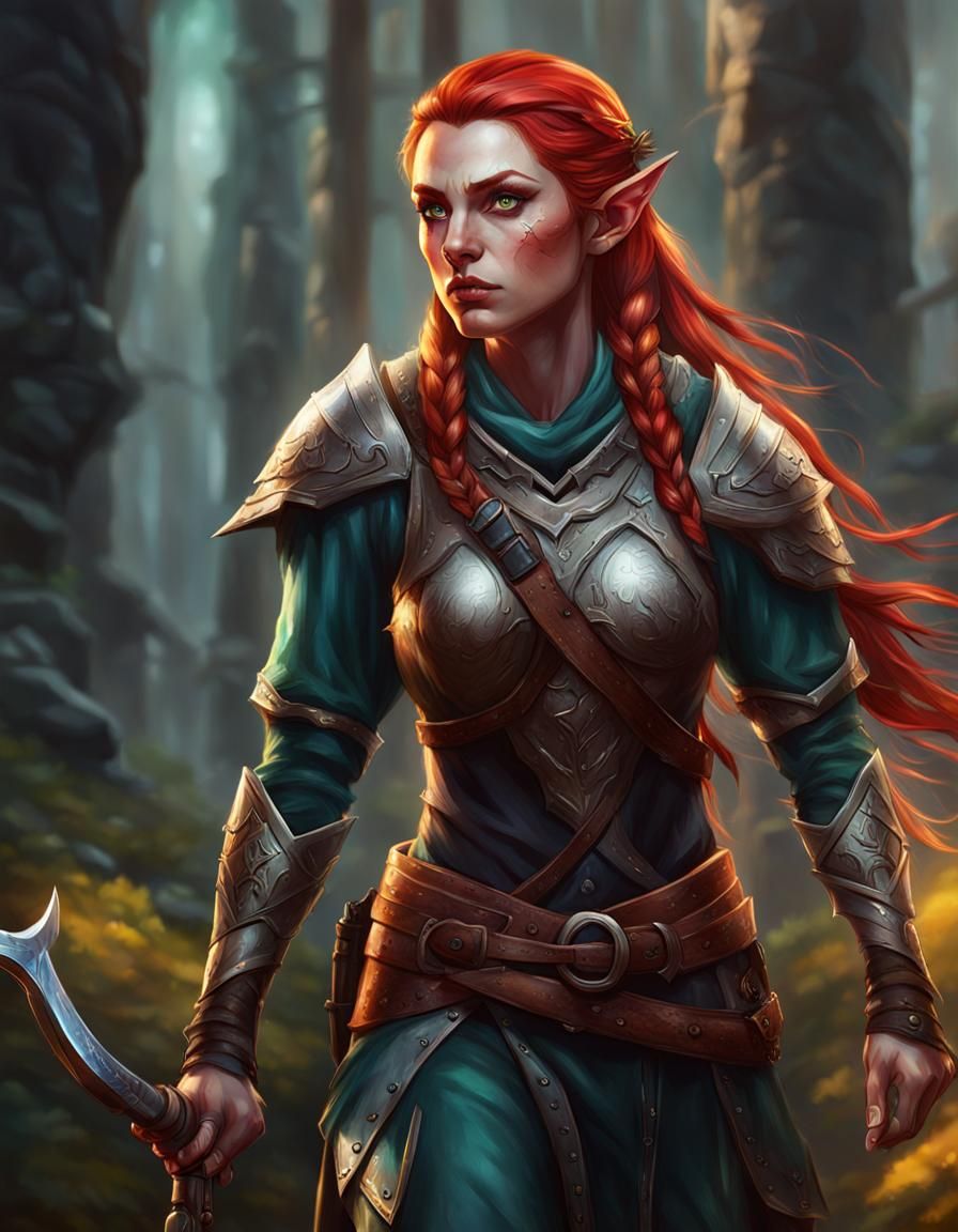 Red-Haired Elf Hunter in Hyperrealistic Splash Art