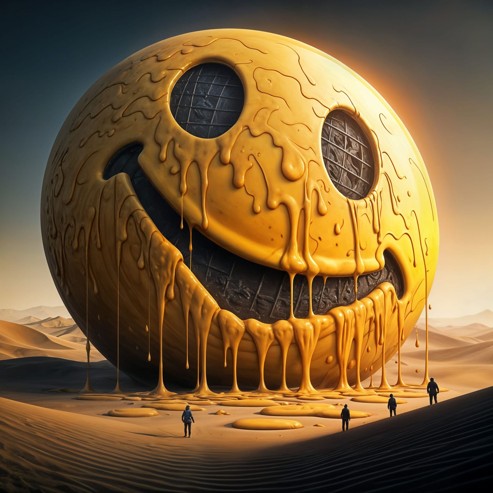 Melting Smiley Face Emoji in Desert Landscape