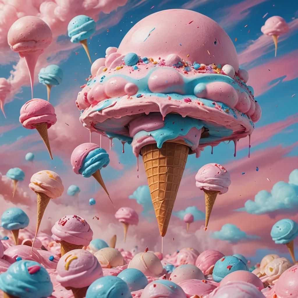 Surreal UFO Delivering Ice Cream in Dreamy Colors