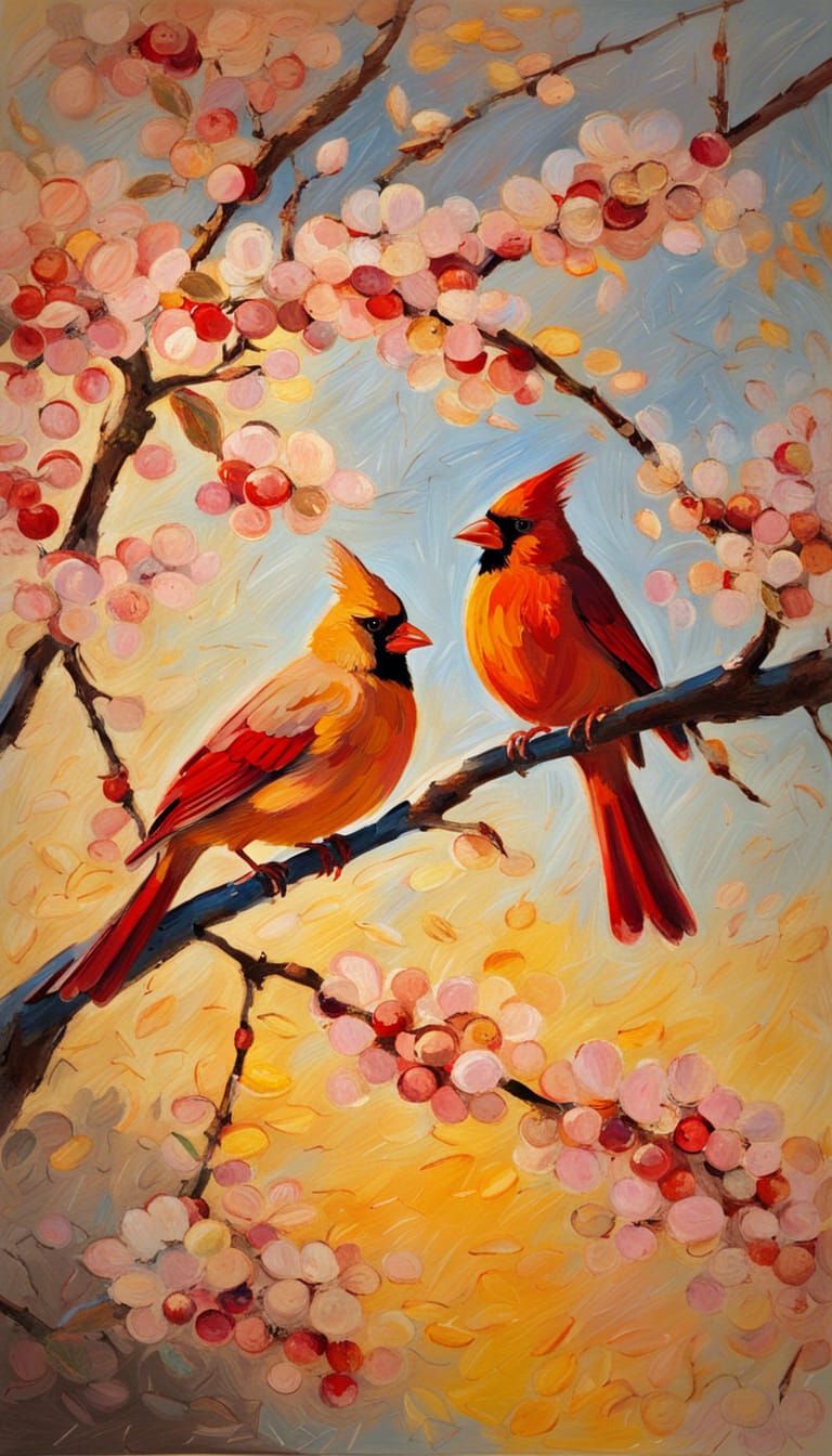 Cardinals in Cherry Tree: Impressionist Style