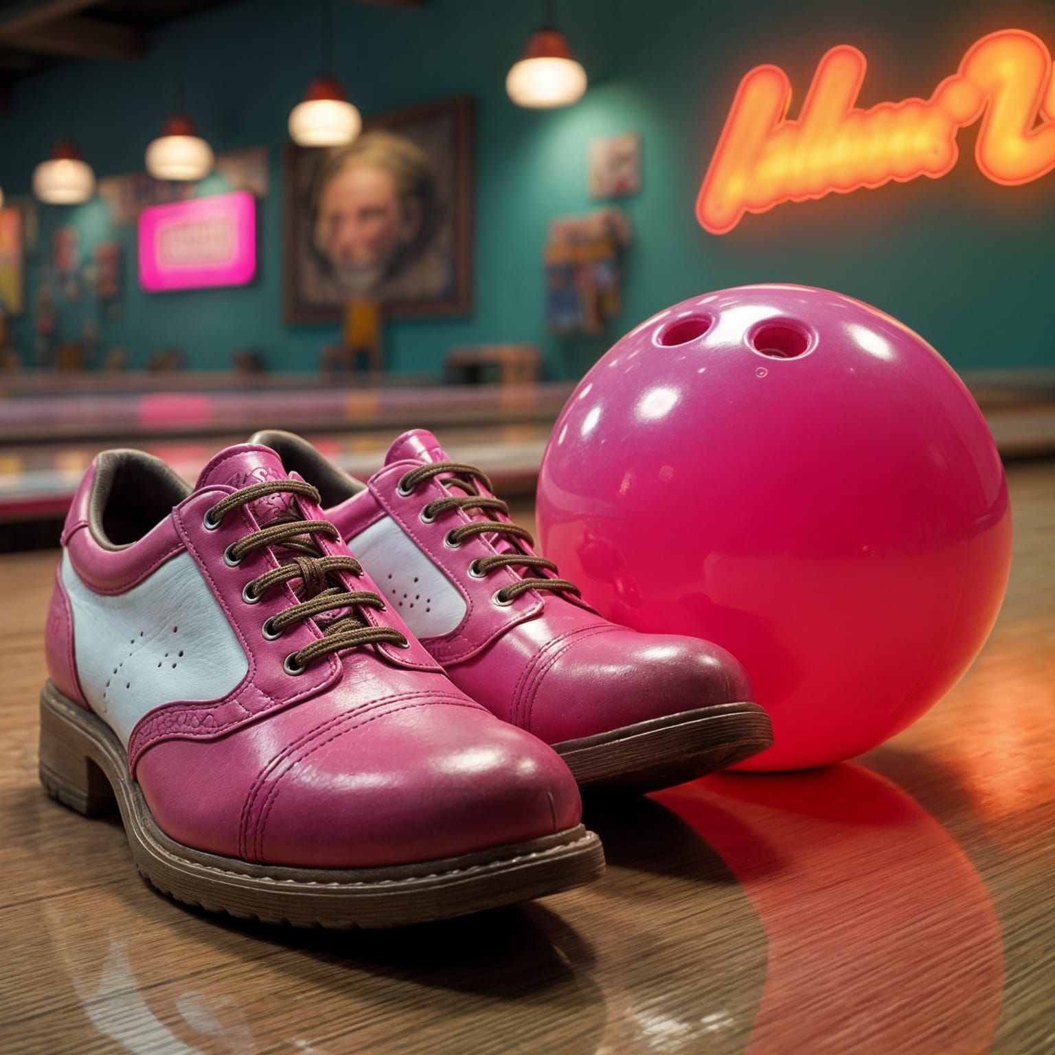 Hot Pink Bowling Shoes and Ball