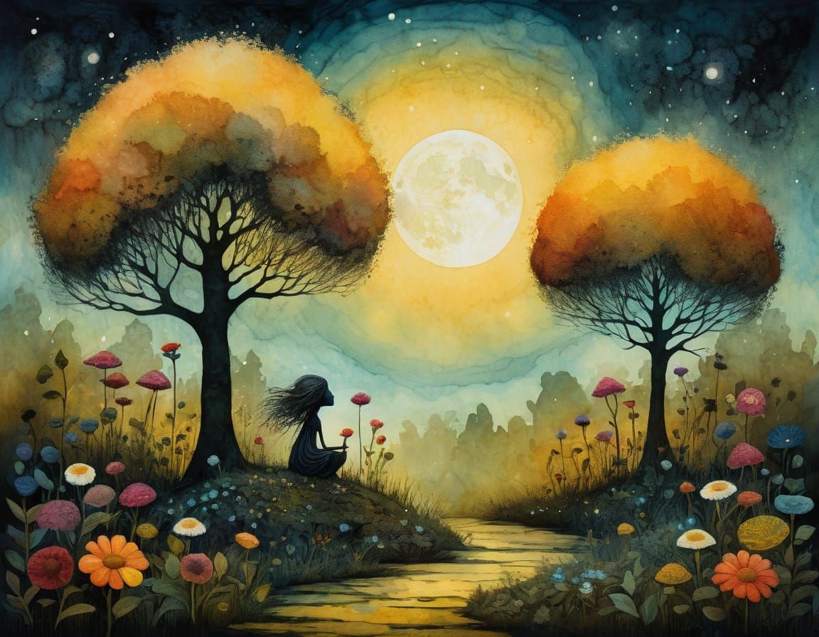 Flower Troll in Night Garden, Gouache Watercolor Style