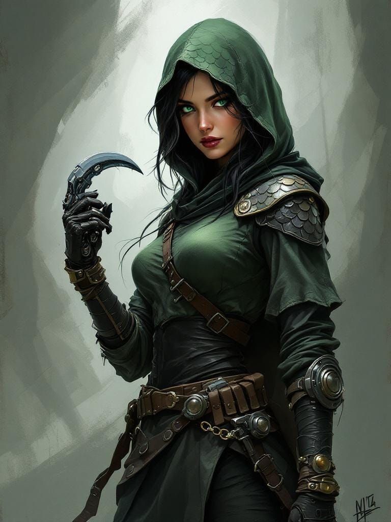 Stealthy Rogue with Mechanical Claw, in Painterly Style