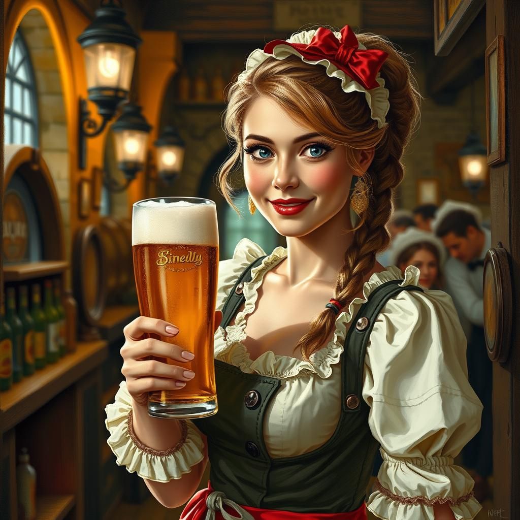 Oktoberfest Waitress Serving Beer in Bier Keller