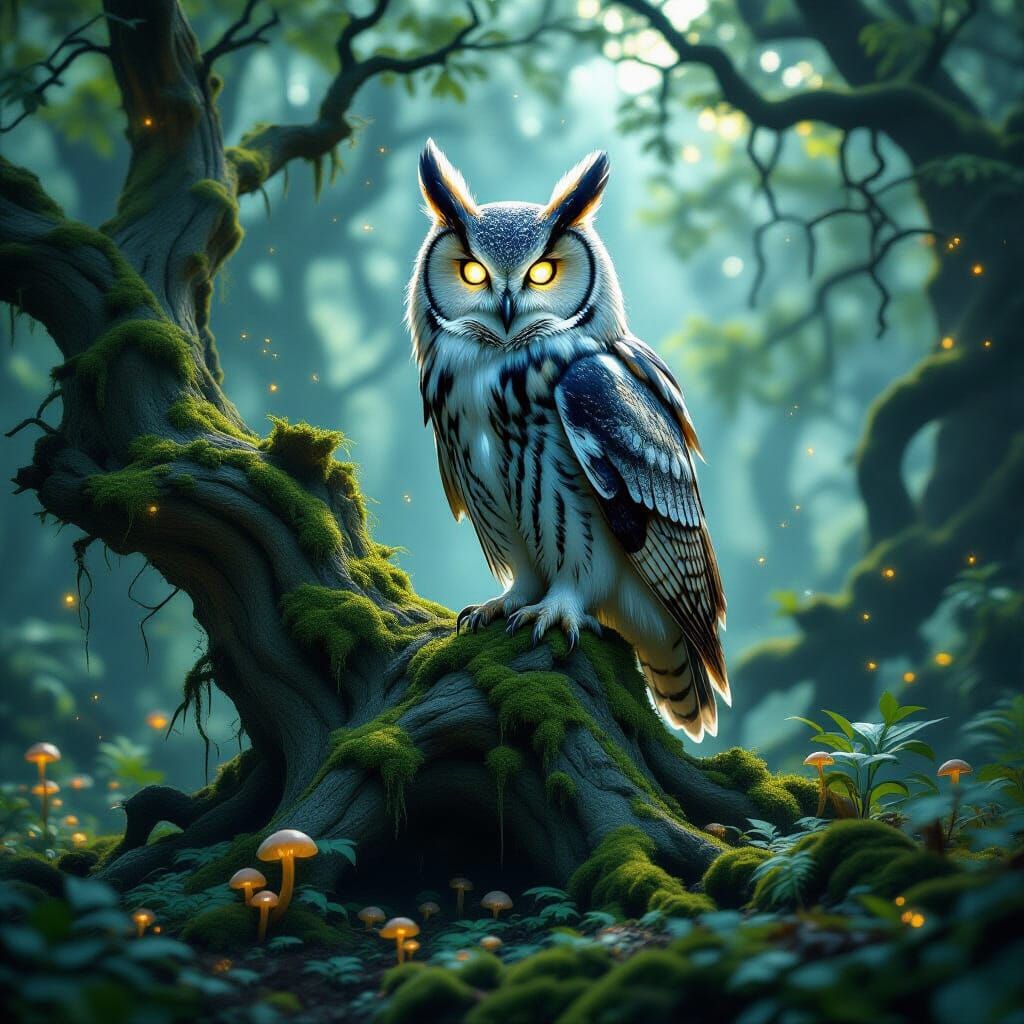 Ancient Moonlit Owl in Enchanted Forest