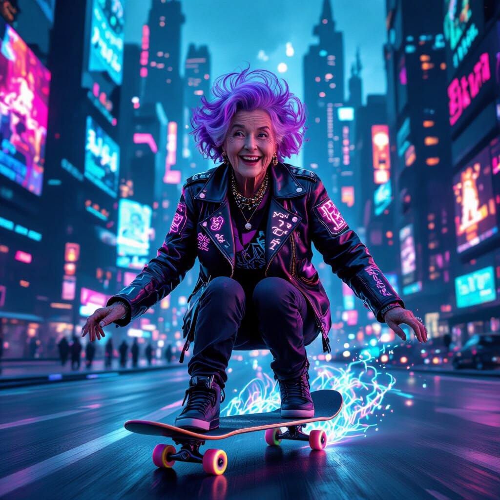 Elderly Woman Skateboarding in Cyberpunk City, Digital Art