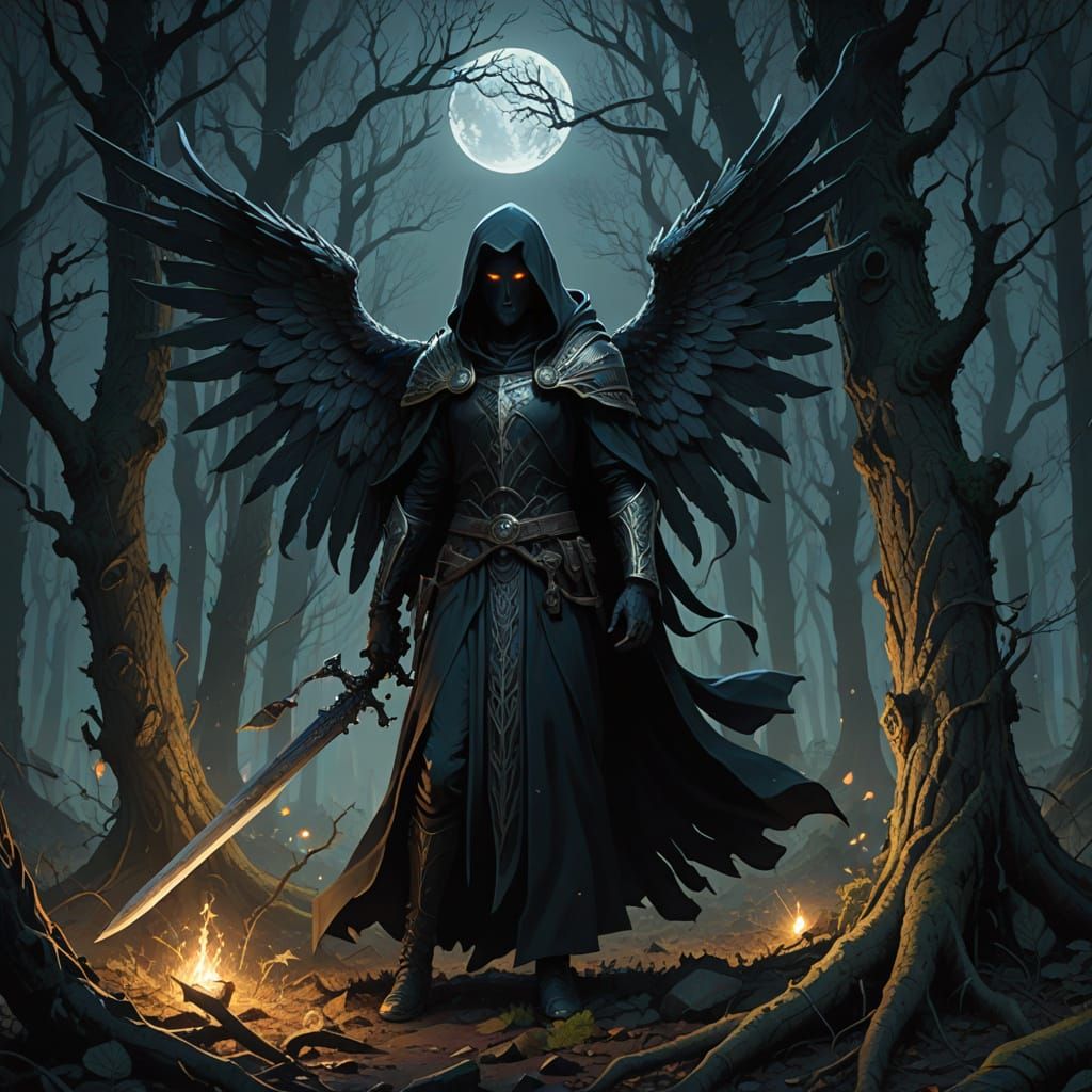 Mysterious Dark Angel Stands Vigilant in Moonlit Forest