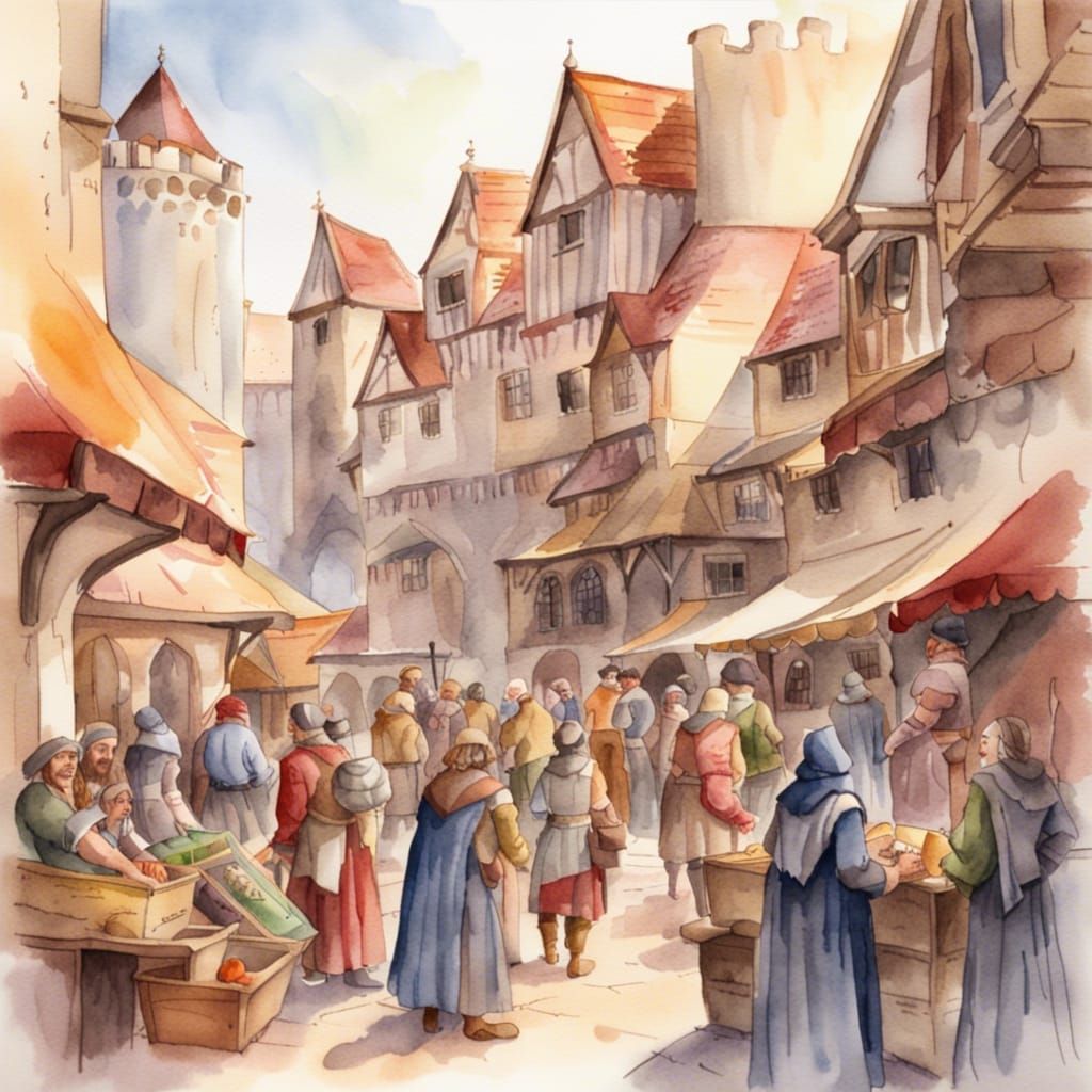 Busy Medieval Marketplace in Watercolor Style