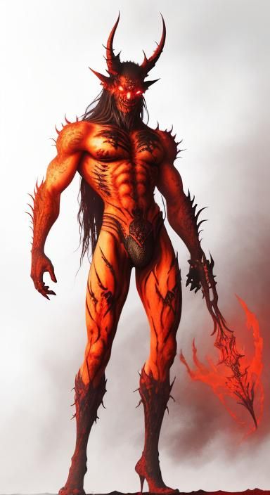 Tattooed Demon in Fiery Hellscape: Dark Fantasy Illustration