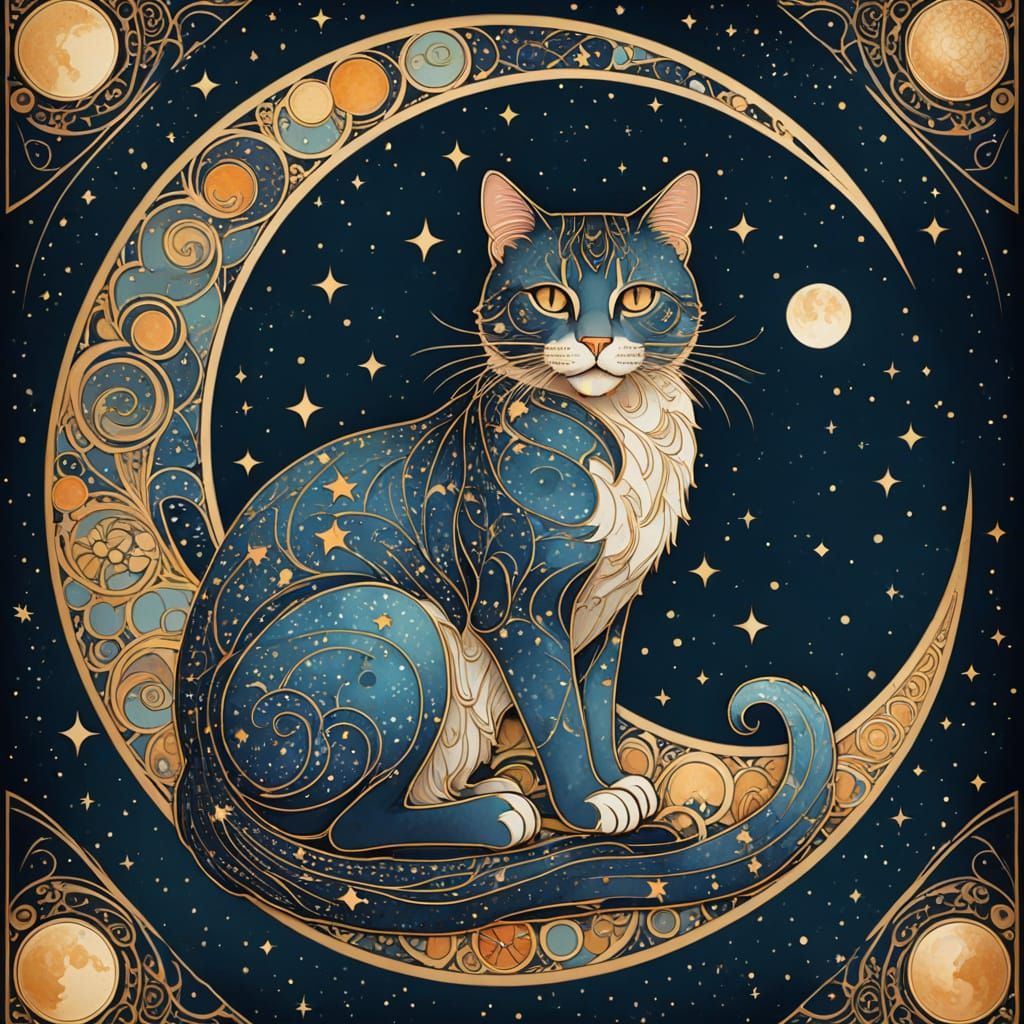 Art Nouveau Giant Cat on Moon Amidst Cosmic Dust