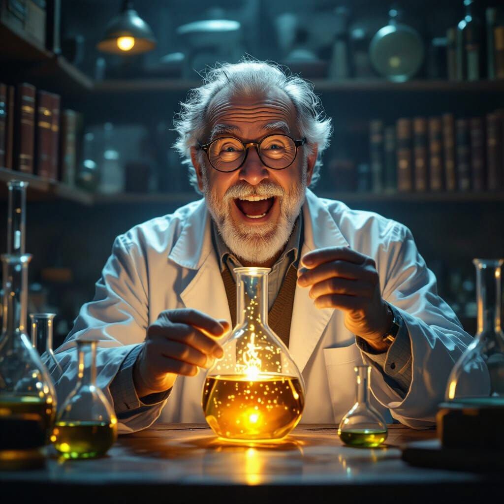 Ecstatic Professor's Breakthrough in a Dimly Lit Laboratory