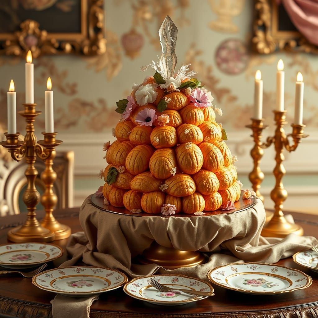 Sumptuous Croquembouche Dreamscape in Rococo Style