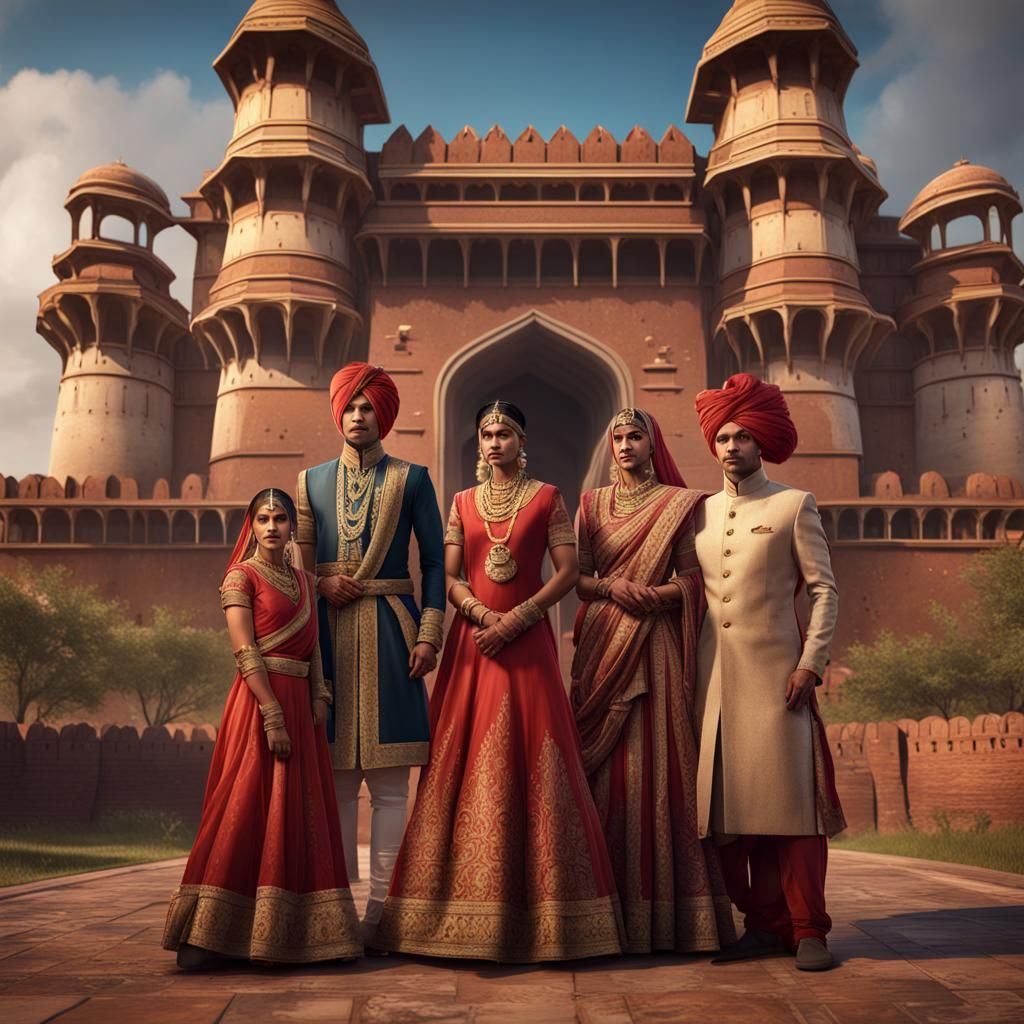 Royal Indian Family in Front of Fort