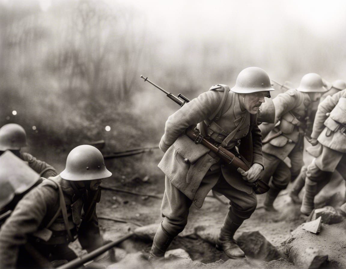 WW1 German Stormtroopers Launch Attack: Photorealistic Sepia...