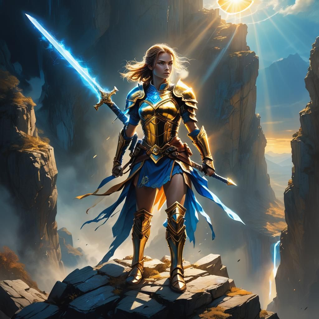 Female Warrior with Glowing Sword in Fantasy Realm