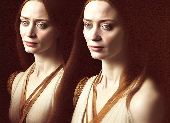 Emily Blunt and Da Vinci Twins, Hyperrealistic Painting