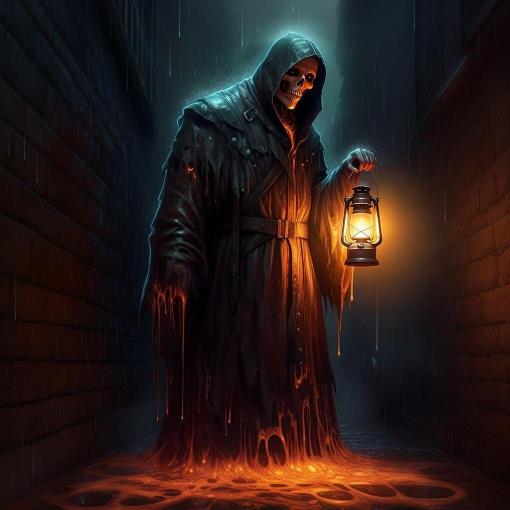 Ethereal Ghost Reaper in Rain-Soaked Alleyway