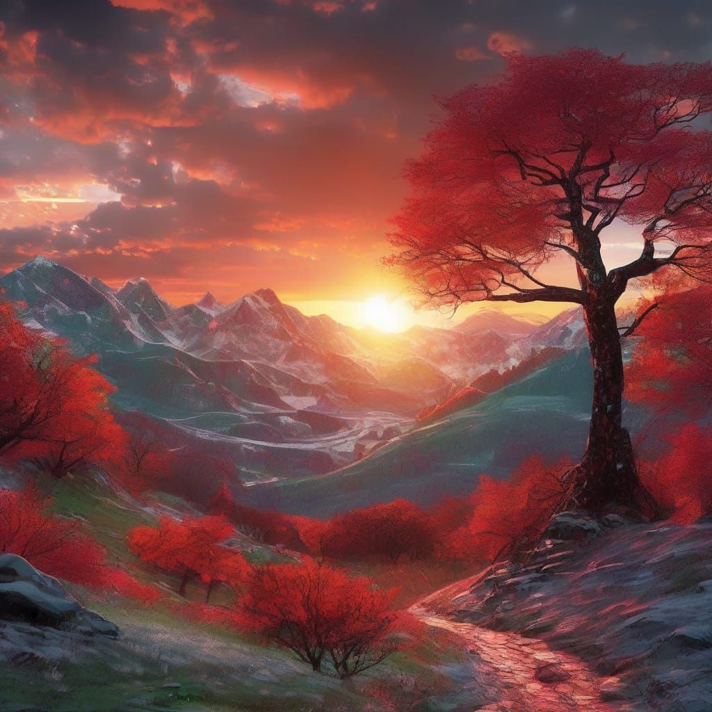 Winter Valley Sunrise in Gemstone Mosaic Art