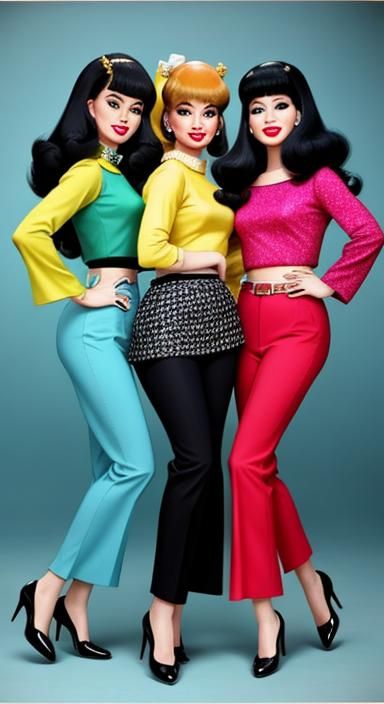 The Ronettes with pants / Gil Elvgren style