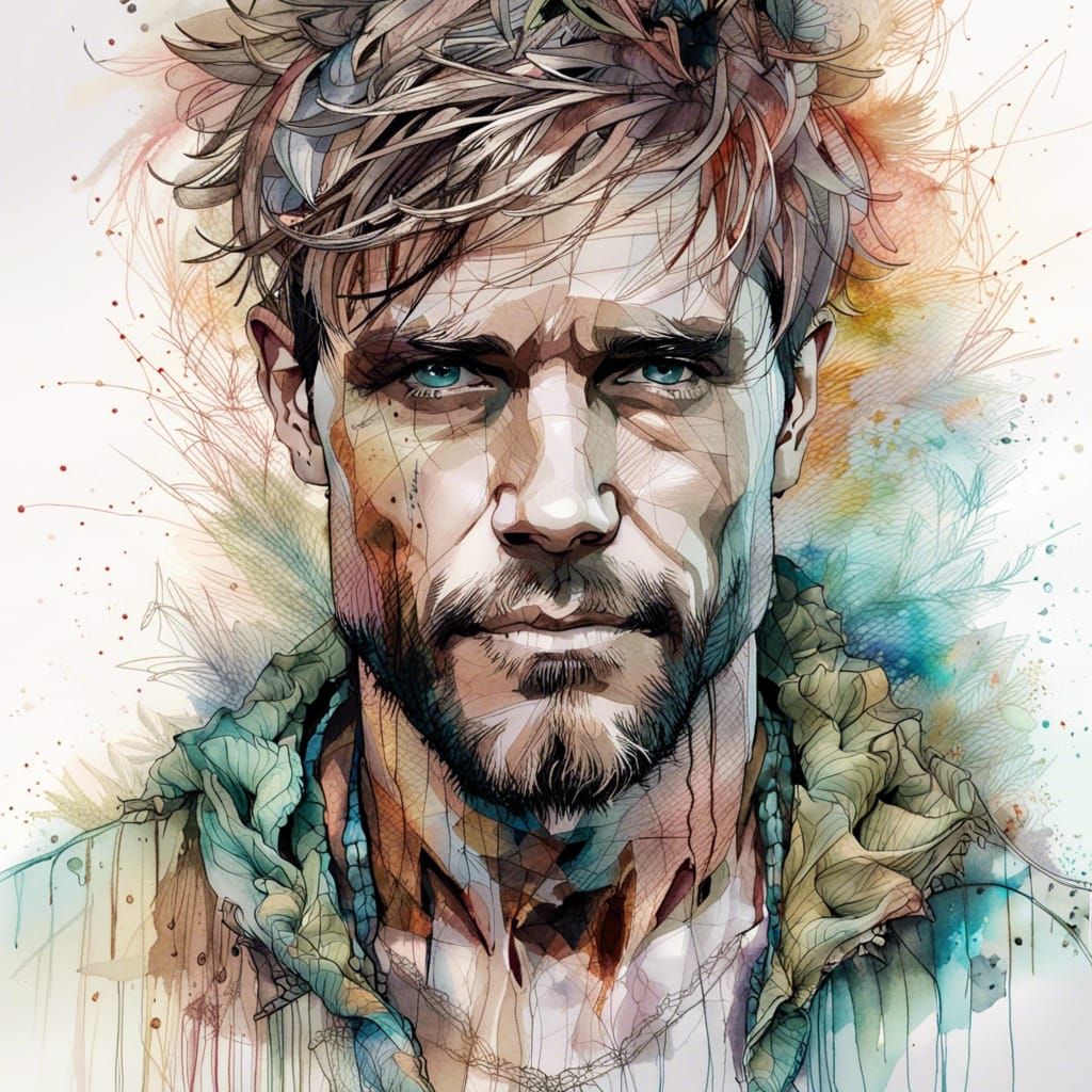Handsome Man Portrait in Watercolor Illustration Style