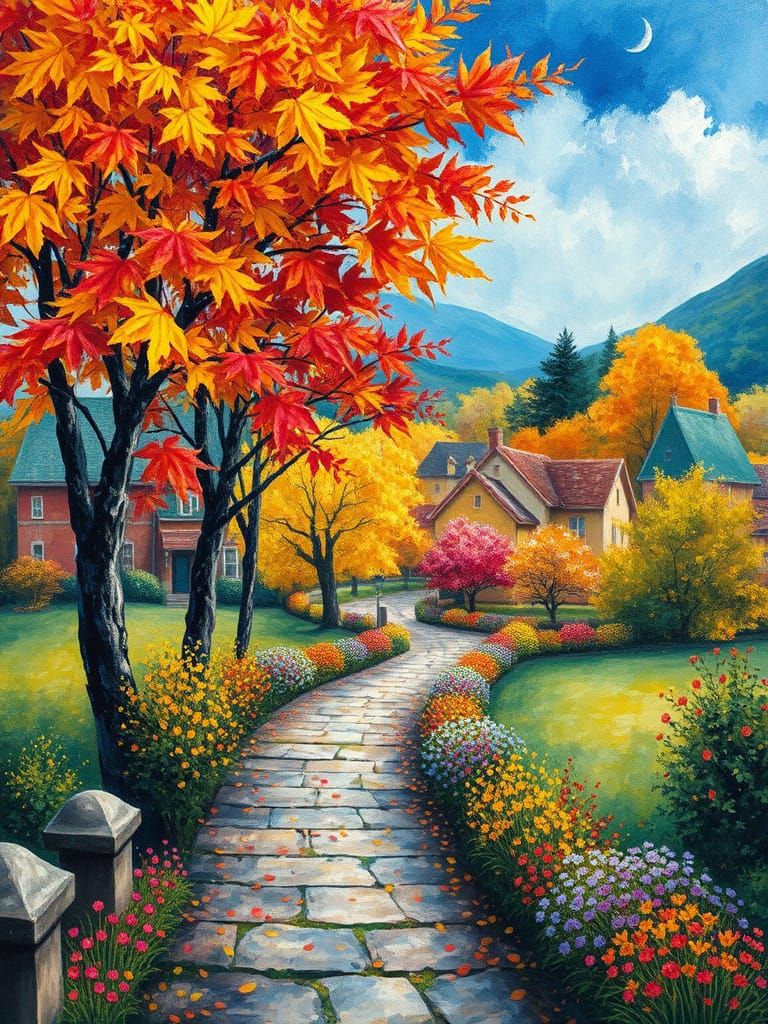 Autumn Village in Impressionist Watercolor Painting