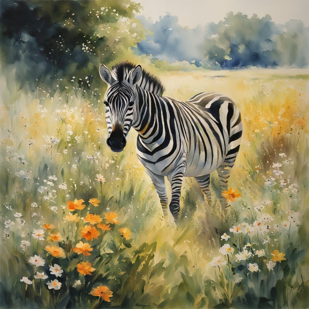 Whimsical Zebra in a Blooming Meadow