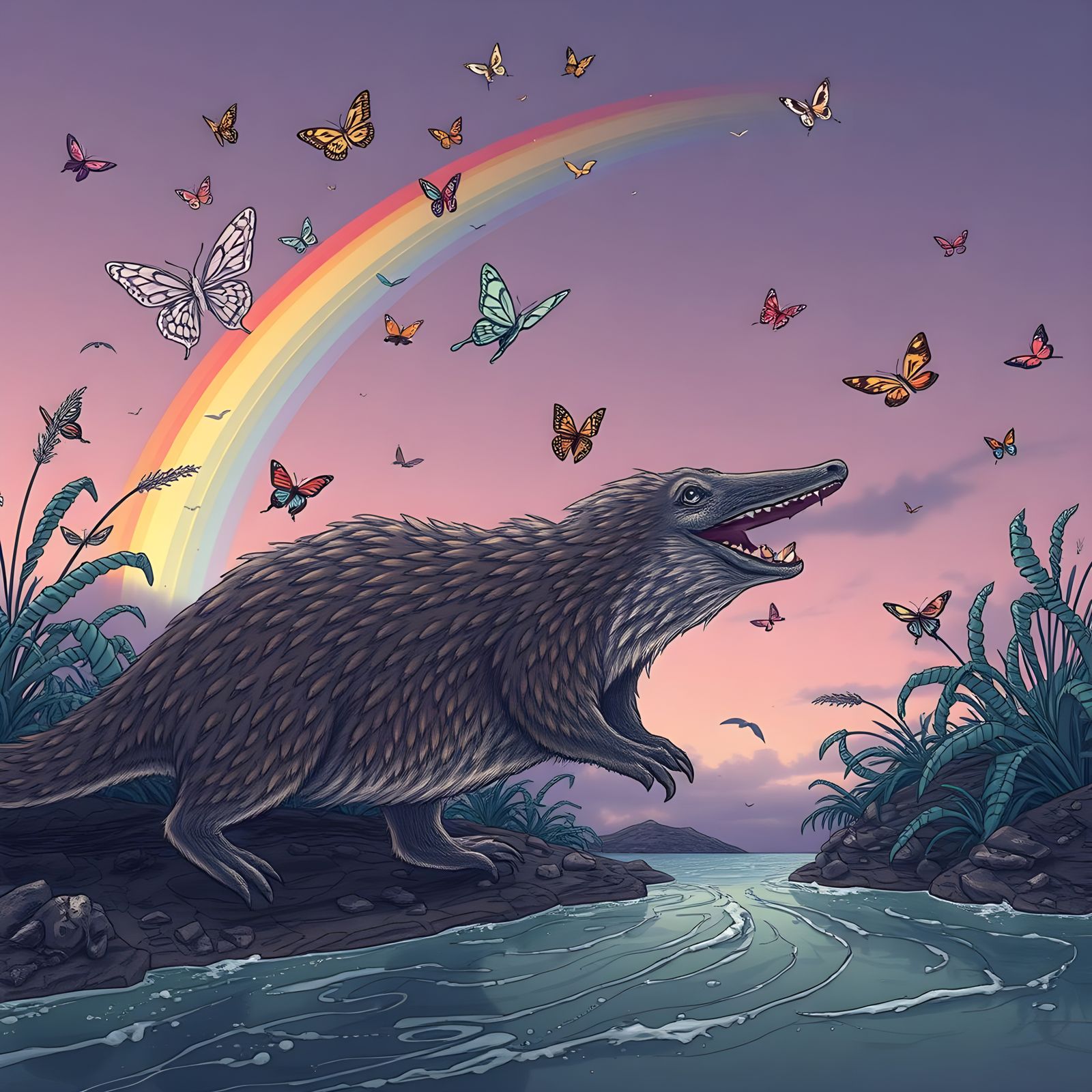 "A rainbow has gone feral and is attacking the platypus"