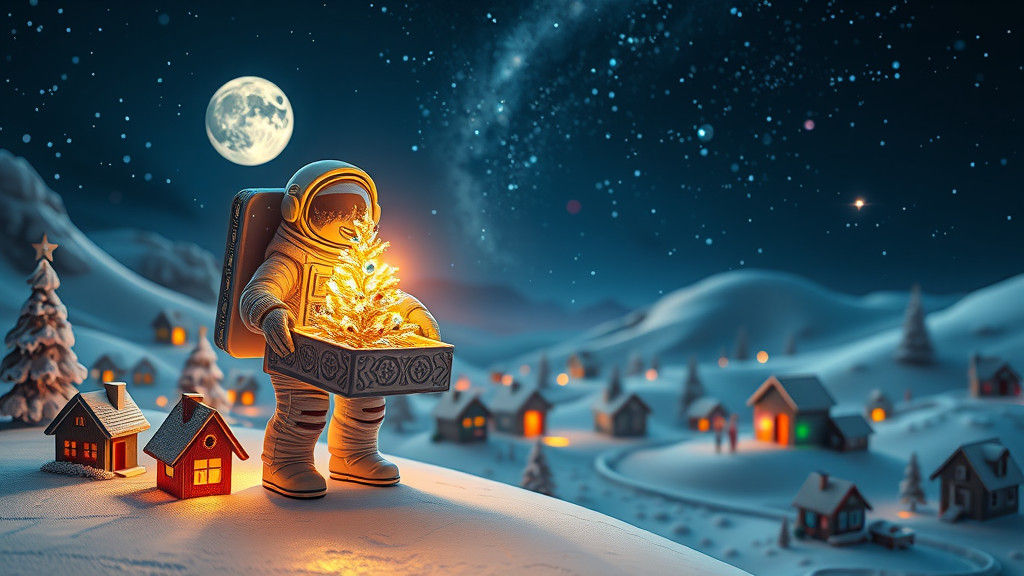 Futuristic Winter Wonderland with Toy Astronaut