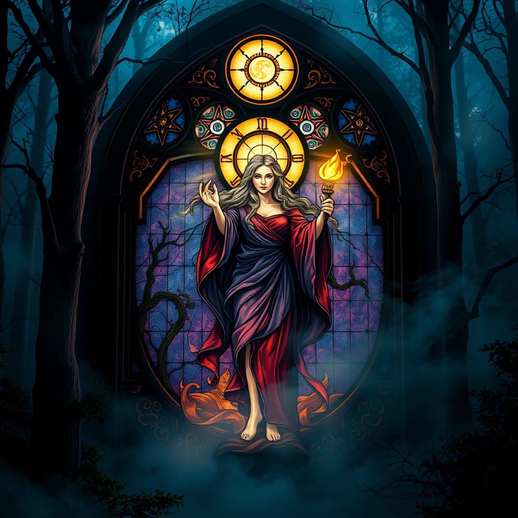 Hecate's Mystical Stained Glass Window in Lunar Forest