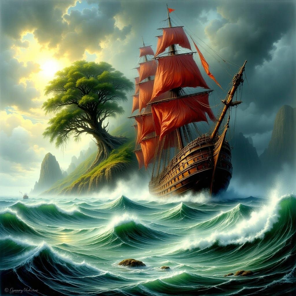 Majestic Sailing Ship Fleeing Ancient Isle's Downfall