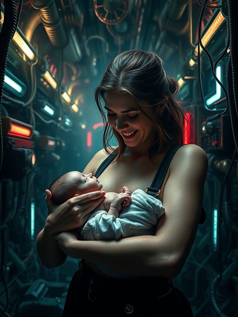 Mother Gazing Lovingly at Newborn in Dark Cyberpunk Chamber