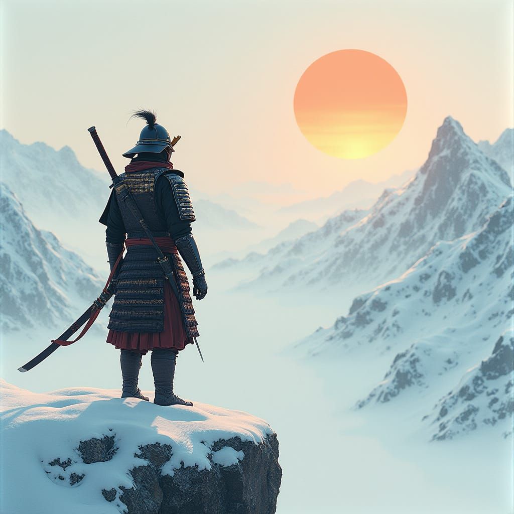 Samurai Gazes at Sunrise on Snowy Mountain Peak