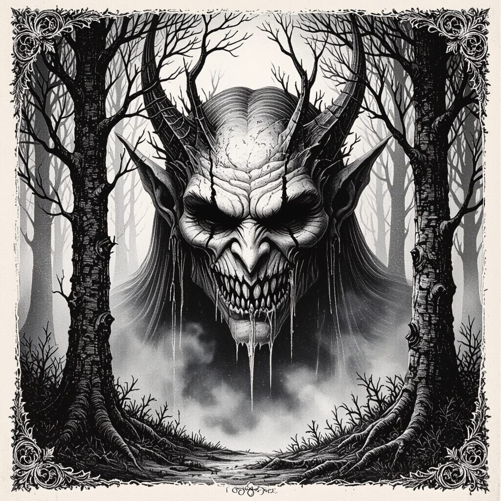 Goddess of Ice in Gothic Engraving Style Forest