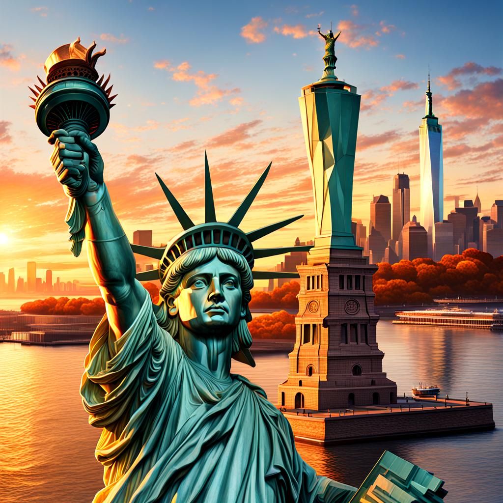 Statue of Liberty Welcomes Immigrants: Hyperrealistic Sunris...