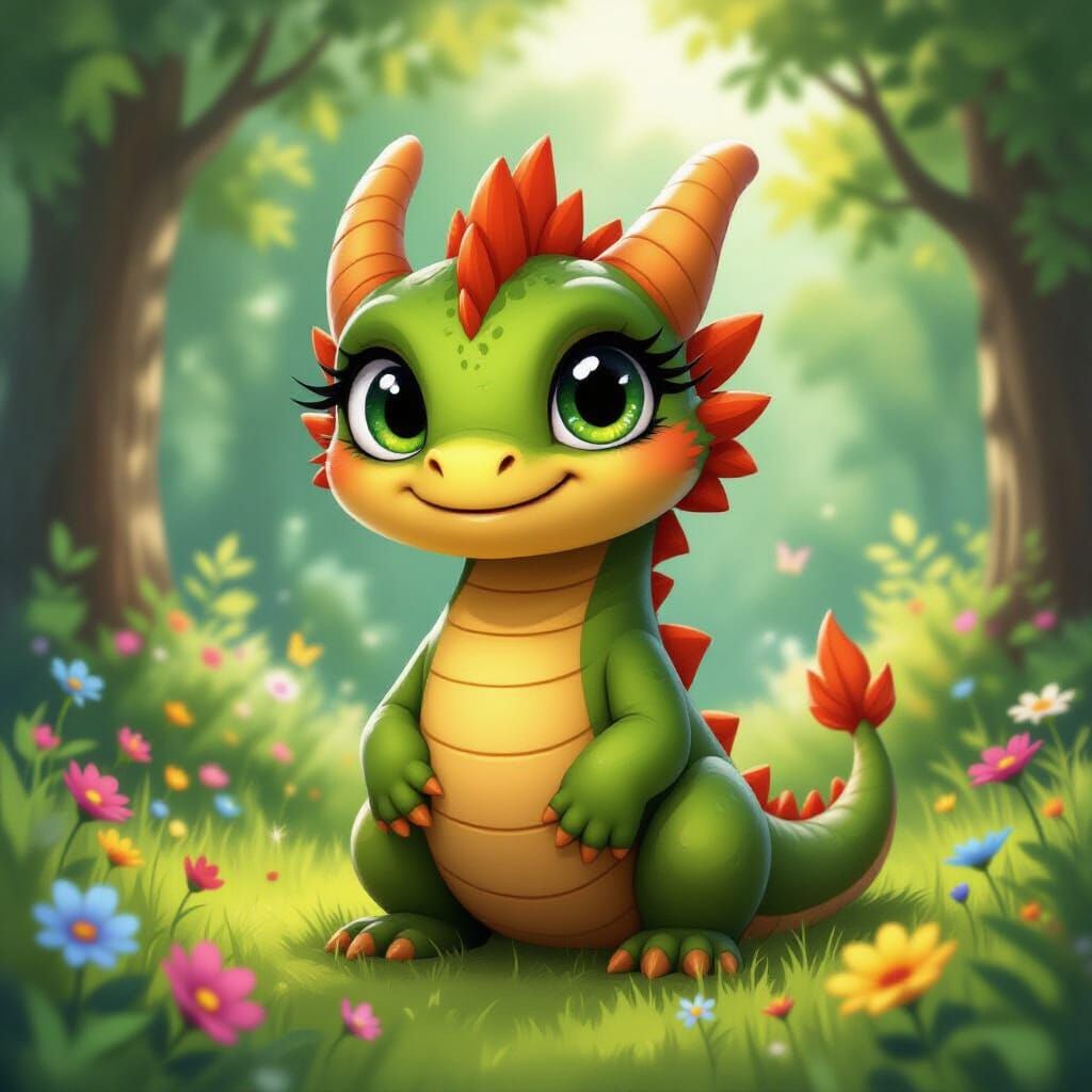 Cute Green Dragon in Forest, 3D Render