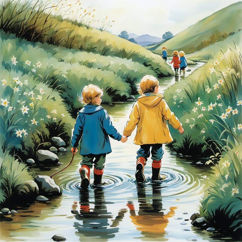 Children Playing in Stream, Illustrative Style