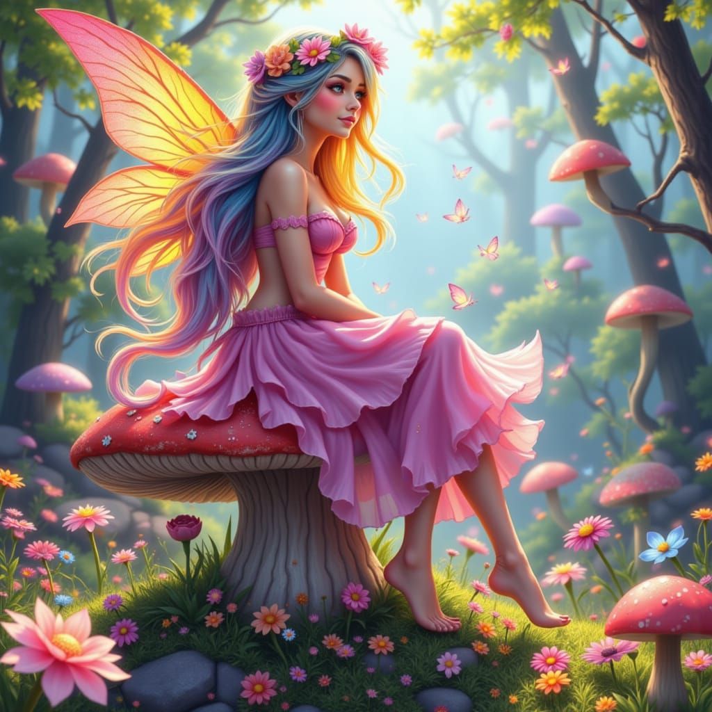 Fairy with Rainbow Hair on Mushroom, Watercolor Style