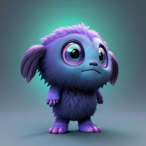 Cute Fluffy Creature with Chibi Eyes: 3D Digital Art