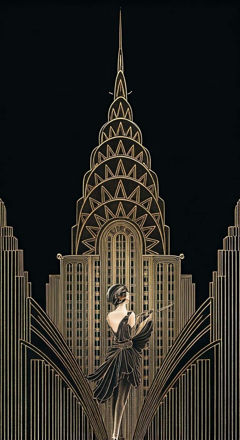Flapper Girl in Front of Art Deco Chrysler Building, Ink Dra...