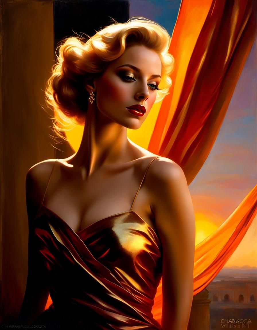 Beautiful Woman in Sunset, Painted Style