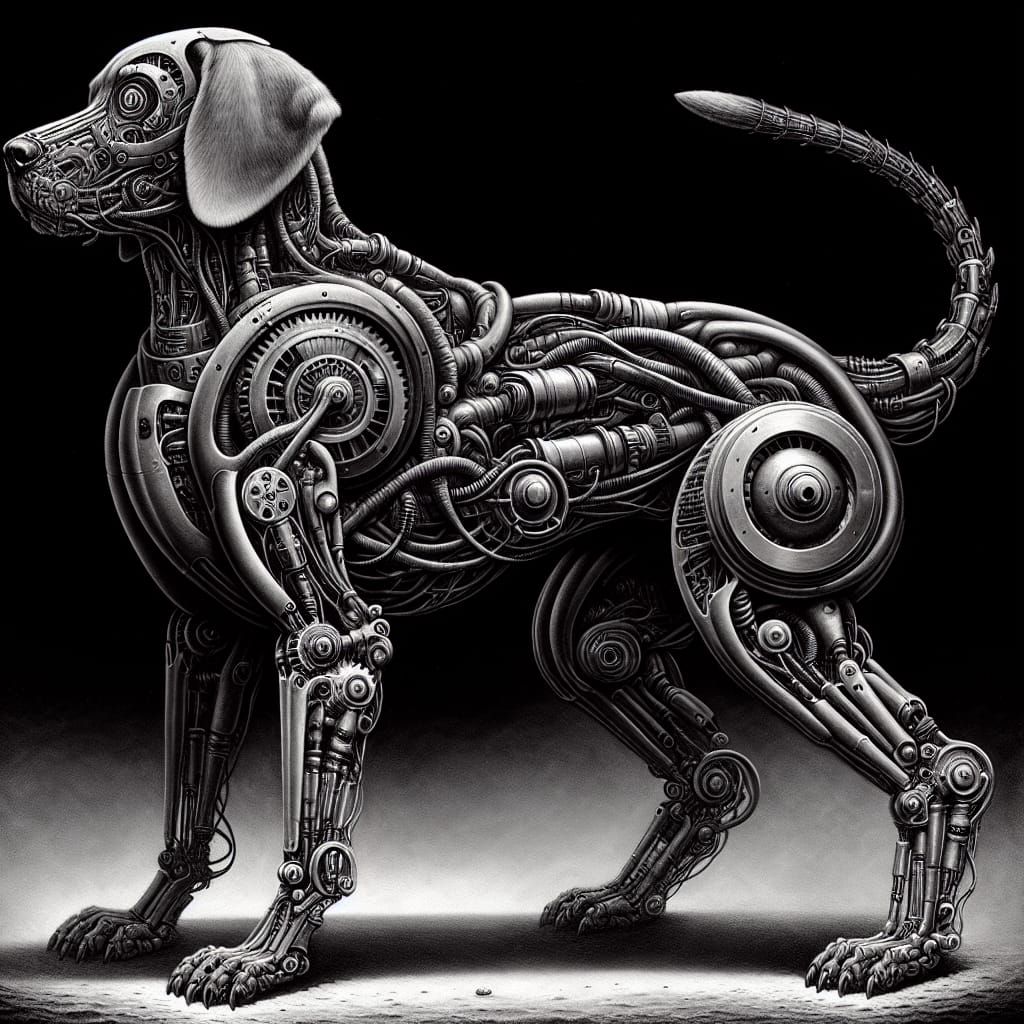 Bio-Mechanical Cyber Dog Portrait in Steampunk Style