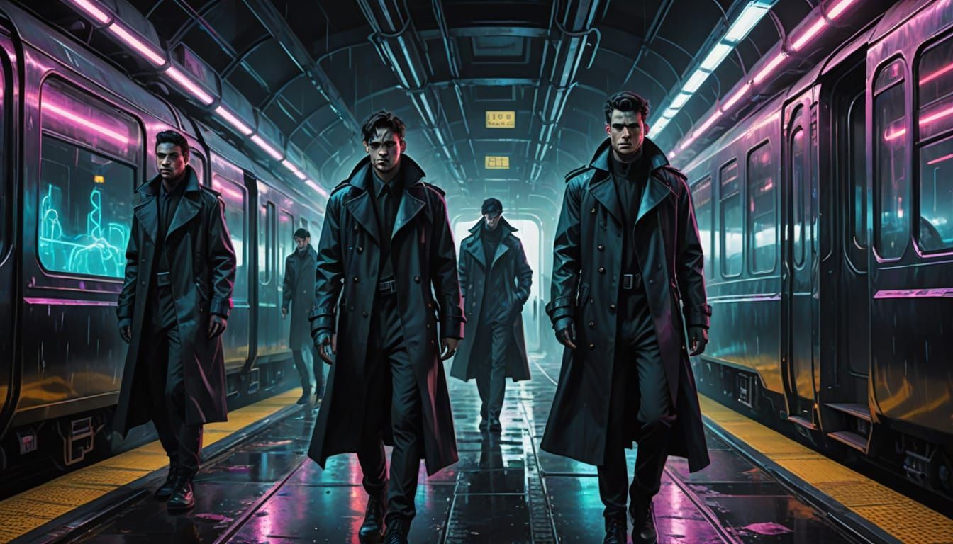 Neon Noir Train Materializes in Fog