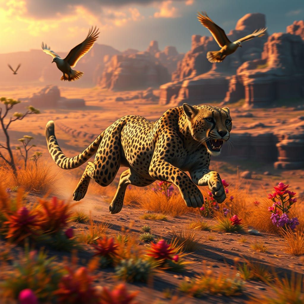 Cheetah Chases Bird in Vast, Fantastical Landscape