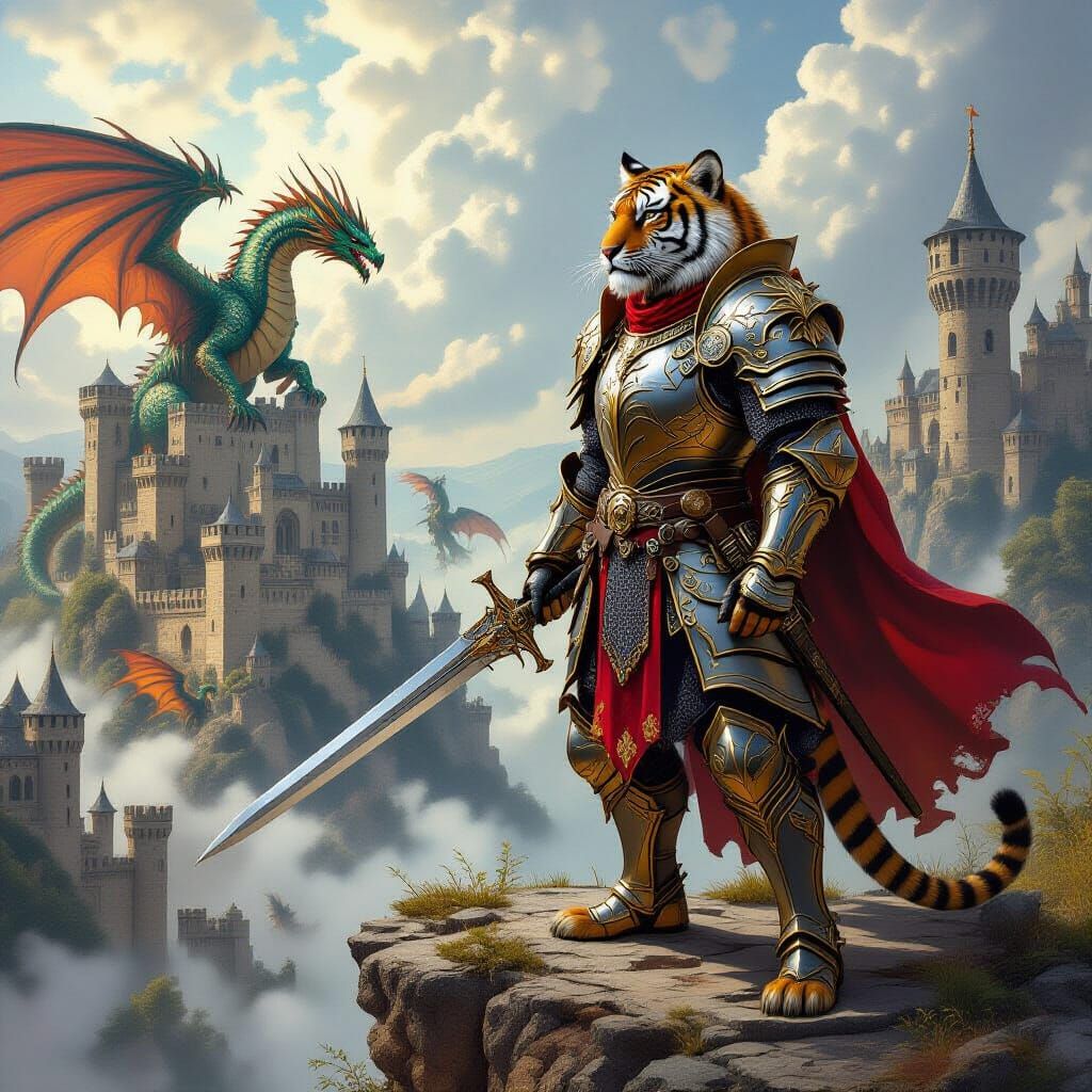 Tiger Knight Overlooking Battlefield in Hyper-Realistic Styl...