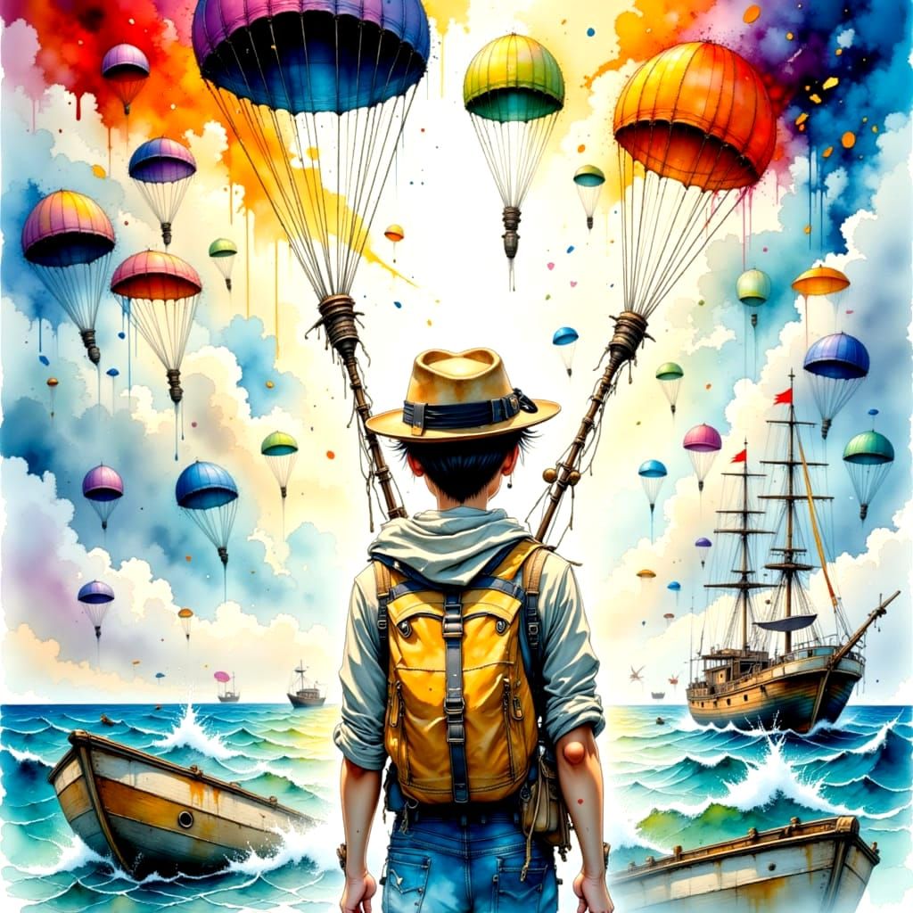 Watercolor Treasure Hunt with Parachutes and Lifeboats